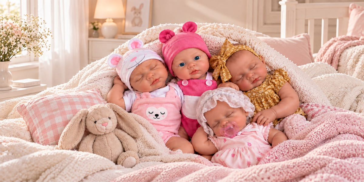 Four realistic baby dolls dressed in pink and gold outfits, sleeping together on a cozy pink blanket in a softly lit nursery setting.